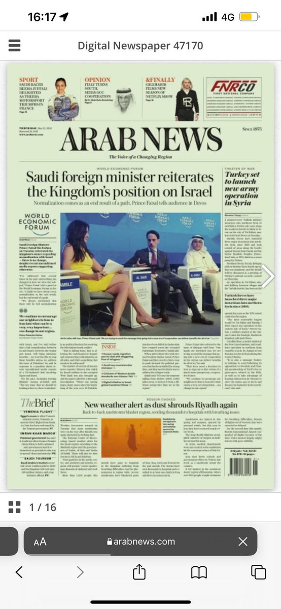 Thank you @arabnews for the front page billing @wef #DAVOS22
