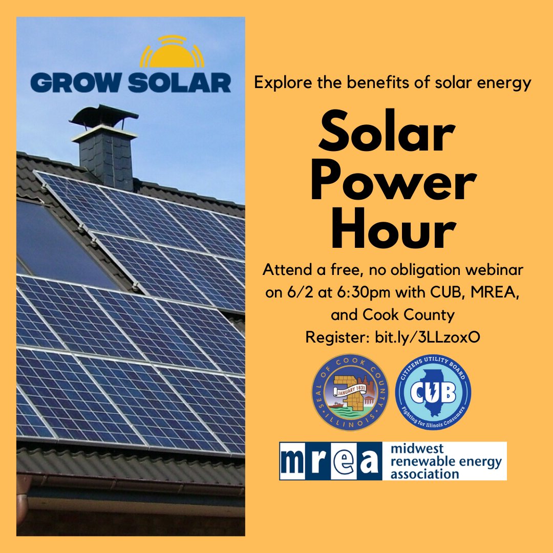 CookEnviro's tweet photo. Thinking about going solar but not sure where to begin?
Join the #SolarPowerHour on June 2 at 6:30pm to get your questions answered and see if solar is right for your home!
Register: https://t.co/bHkaenIbOj
Learn more at: https://t.co/Bp0Pvu5tbG https://t.co/bmkWG8ndC0