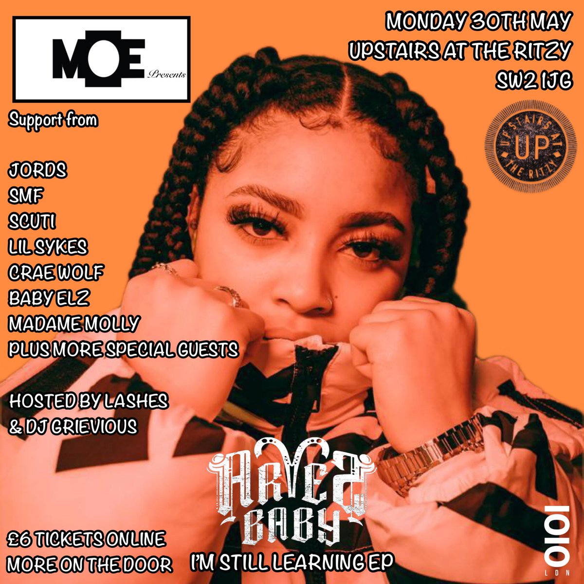 Grab your tickets for Monday! 
⚠️ linktr.ee/MOEPresents ⚠️
📍 <a href="/UpstairsRitzy/">Upstairs At The Ritzy</a> 

🎤 <a href="/therealariez/">Ariez Baby</a> 
<a href="/JordsOnline/">jordsonline</a> <a href="/CraeWolf/">Crae Wolf</a> <a href="/scuti_1/">S C U T I or S K O O</a> @PaulStephan_SMF <a href="/TayMadeSMF/">Tay Wizzle the Wizard 🧙🏾🏁</a> <a href="/Quincy_smf/">Quincy OG</a>  <a href="/official_lilsy/">Lil Sykes</a> <a href="/Madame_Molly/">Madame Molly</a> <a href="/babyyelz/">👶🏽Elz B!</a> 

🎧 <a href="/dj_grievious/">#HardWorkDedication</a> &amp; Lashes
