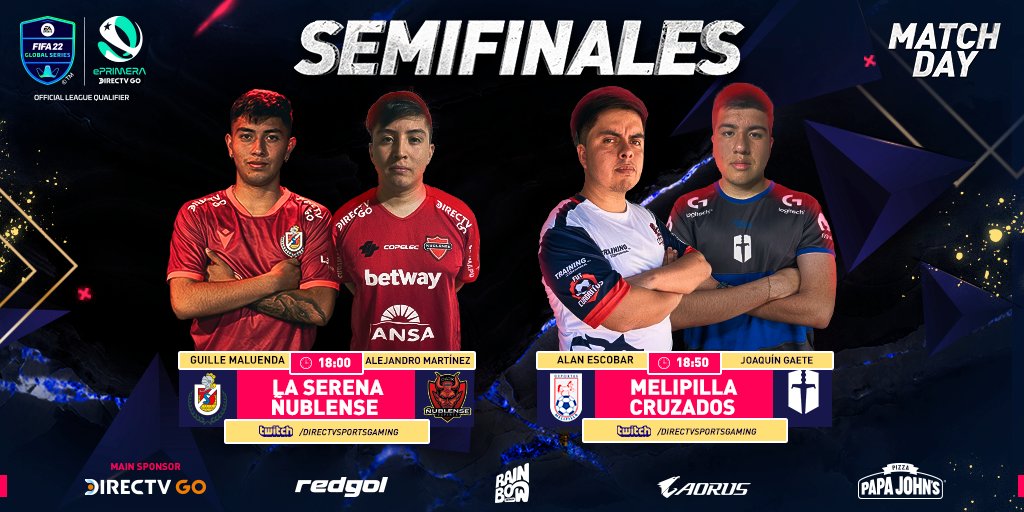 Y llegó el gran día!
Hoy es la última jornada de esta temporada de #ePrimeraDitectvGO.

Partimos a las 🕕18 con las semis, y luego se jugará la gran final donde sabremos quien se va a Londres 🔥

No te lo pierdas!!

#eSports #Fifa22 #EA #gamer #videojuegos <a href="/Campeonatochi/">Campeonato Chileno</a> <a href="/redgol/">RedGol</a>