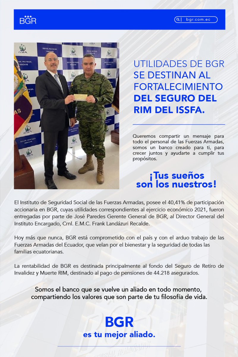 ISSFA_ECUADOR's tweet photo. 🤝#LaBuenaNoticia |  Continuamos con el robustecimiento del patrimonio del Seguro de Retiro, Invalidez y Muerte (RIM). El BGR entregó al #Issfa utilidades del ejercicio económico 2021. Más en la nota gráfica 👇  #SomosFamiliaMilitar @FFAAECUADOR https://t.co/qh9oRTQdzM