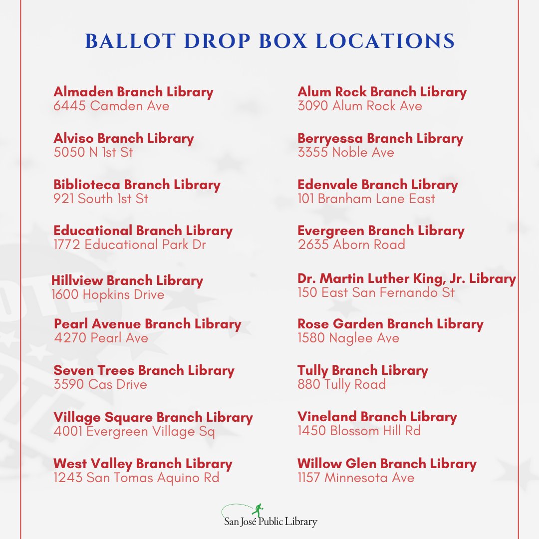 🗳️Several #SJPL locations have drop-off ballot boxes or will serve as voting centers for the primary election. For more details, visit sjpl.org/voting.
#sccvote #everyvotecounts #santaclaracounty