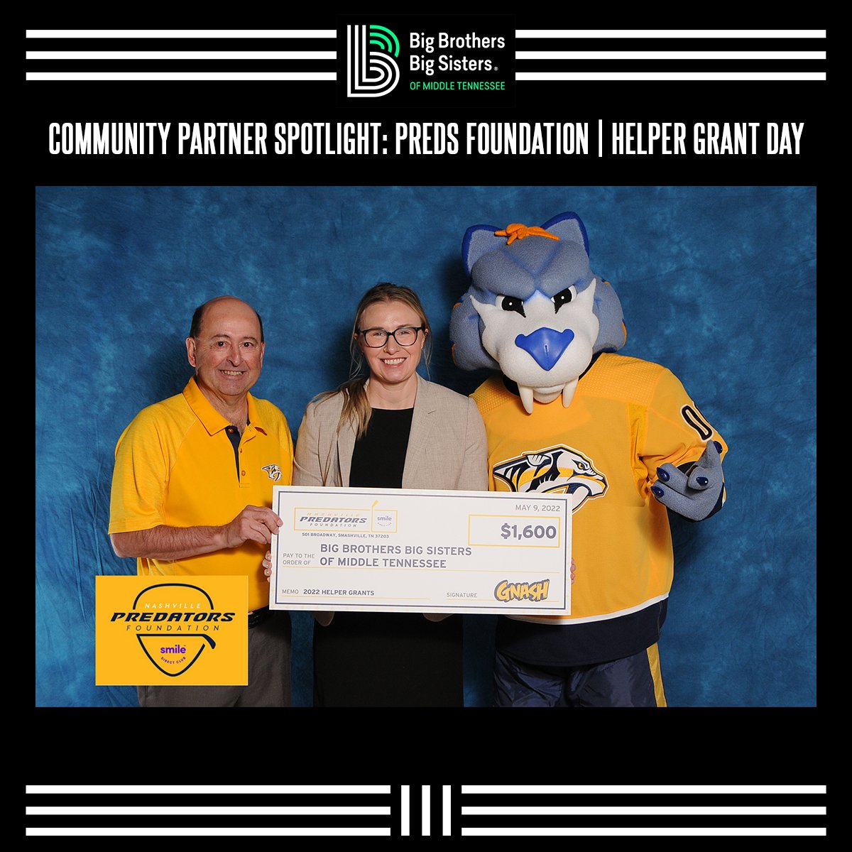 Big Brothers Big Sisters of Middle Tennessee (@bigbrobigsismt) on Twitter photo Thanks to the <a href="/PredsFoundation/">Nashville Predators Foundation</a> for their support of <a href="/BigBroBigSisMT/">Big Brothers Big Sisters of Middle Tennessee</a>! We are so thankful they chose us to a recipient of a 2022 Helper Grant. Thanks for all you do to support Middle Tennessee non-profits, <a href="/PredsNHL/">Nashville Predators</a>! Thanks to the <a href="/PredsFoundation/">Nashville Predators Foundation</a> for their support of <a href="/BigBroBigSisMT/">Big Brothers Big Sisters of Middle Tennessee</a>! We are so thankful they chose us to a recipient of a 2022 Helper Grant. Thanks for all you do to support Middle Tennessee non-profits, <a href="/PredsNHL/">Nashville Predators</a>!