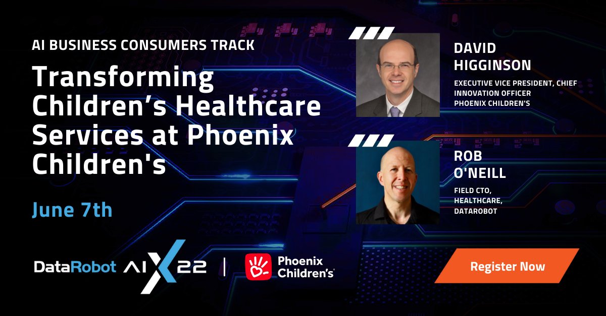 Children's #health is positively impacted by #AI at <a href="/PhxChildrens/">Phoenix Children's</a>. Learn how one of the largest pediatric health systems in the U.S. is transforming how clinicians harness #data to drive action. Register today for #DataRobotAIX22 bit.ly/3Lhyybz