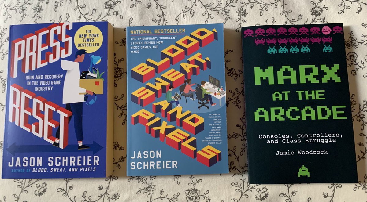 MissMicae's tweet photo. Bought myself personal copies of some of my favorite books about video games so I can mark them up as I work on my diss! 

(Check out @jasonschreier and @jamie_woodcock for anyone interested…) https://t.co/hmT9W2J6OY