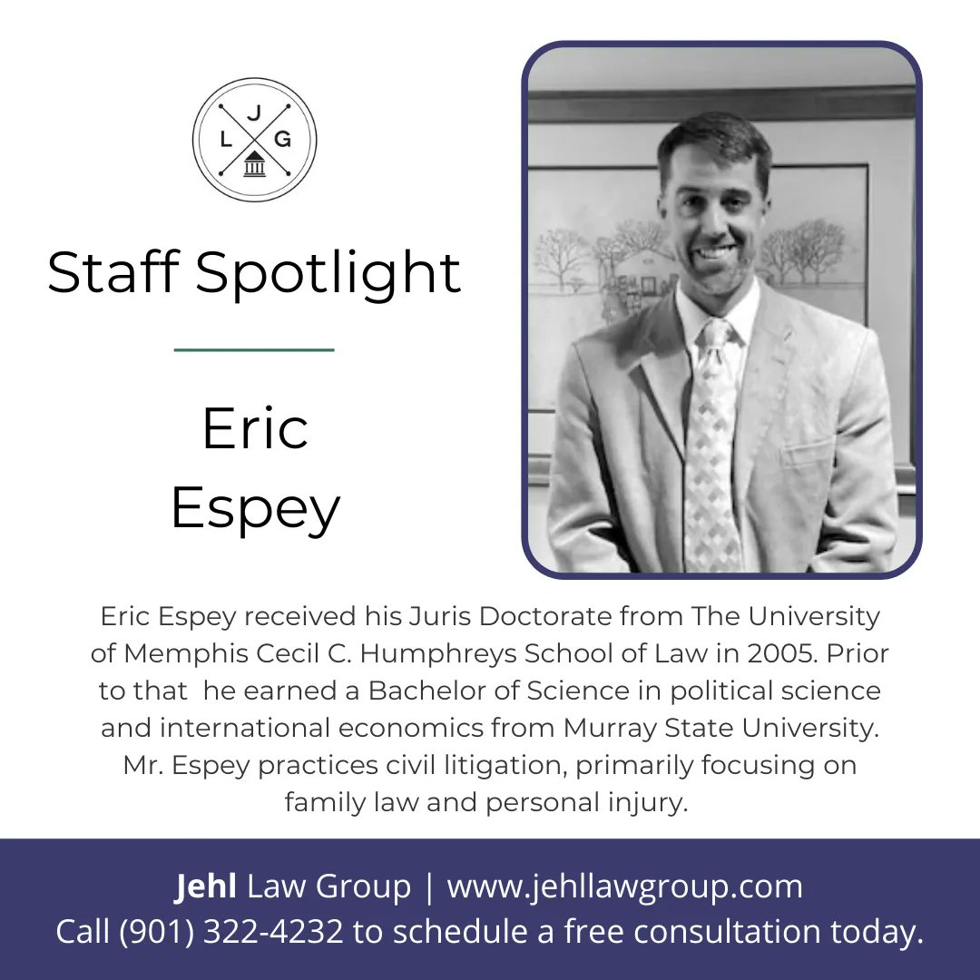 jehllawgroup's tweet photo. #StaffSpotlight: Eric Espey is licensed to practice law in the state of Tennessee. He is a member of the Tennessee Trial Lawyers Association and American Association for Justice. In 2018, he was listed as one of the Top 100 Civil Plaintiff Lawyers by National Trial Lawyers. https://t.co/dEHdBNiQkT