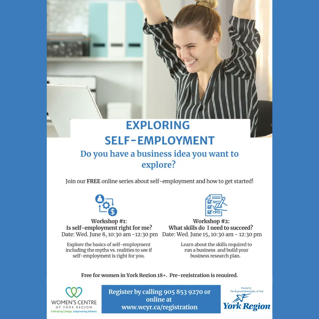 womenscentreyr's tweet photo. Are you looking to start a business but unsure if it's the right path for you or where to start? Join us for a free Exploring Self-Employment Workshop series! Register online at https://t.co/aXjNT2qw4I, by email info@wcyr.ca, or call us at 905 853 9270 https://t.co/ONXkCPYODI
