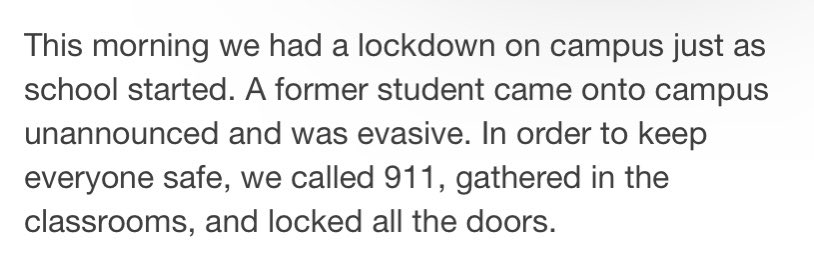 lenkaland's tweet photo. And a lockdown today at my son’s middle school 😭 What is this world? https://t.co/pow0rVAHun