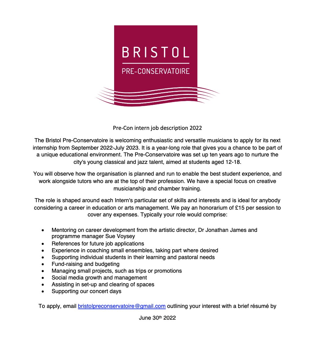 BrisPreConservatoire (@bristolprecon) on Twitter photo We’re hiring! Please share our intern application far and wide, or apply yourself - we’d love to hear from you! We’re hiring! Please share our intern application far and wide, or apply yourself - we’d love to hear from you!
