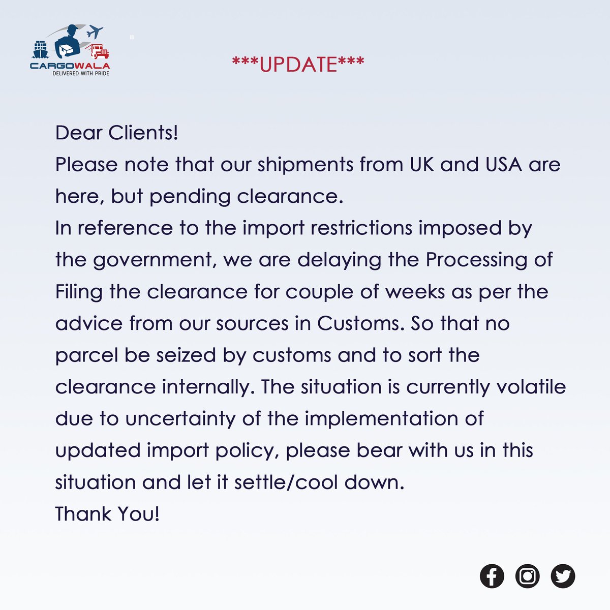 cargo_wala's tweet photo. ** IMPORTANT UPDATE **

#cargowala #cargo #governmentban #importban https://t.co/T2z0sAChNV