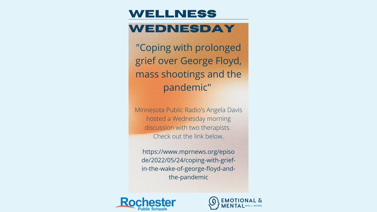 Wellness Wednesday

"Coping with prolonged grief over George Floyd, mass shootings and the pandemic" 

Minnesota Public Radio's Angela Davis hosted a Wednesday morning discussion with two therapists. 
Check out the link below.

mprnews.org/episode/2022/0…