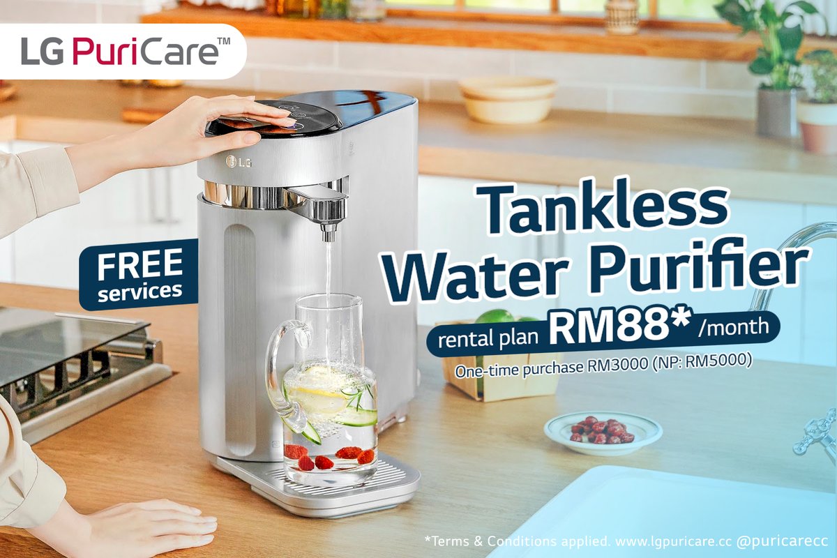lgrentup's tweet photo. 💧Now you can drink #FreshWater with just RM88/month (NP: RM120). LG's smallest Tankless Water Purifier with biggest space saving. No upfront payment, get it now at https://t.co/n9fR2NsGcf

#lgelectronics #lgpuricare #puricarecc https://t.co/HcWqulDIIH