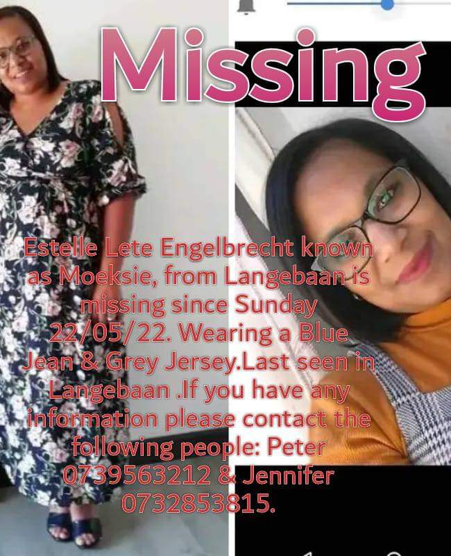 HashtagUnite's tweet photo. Let's get Estelle Engelbrecht Home...

AS RECEIVED: Please if anyone knows her whereabouts or have seen her please make contact with the family it's been 4days already...
Contact: 0732853815 (Mom)
0739563212(Hus)
0785994409(Sis)
Last seen wearing a grey jersey top and blue jean. https://t.co/3b1w5yGvuP