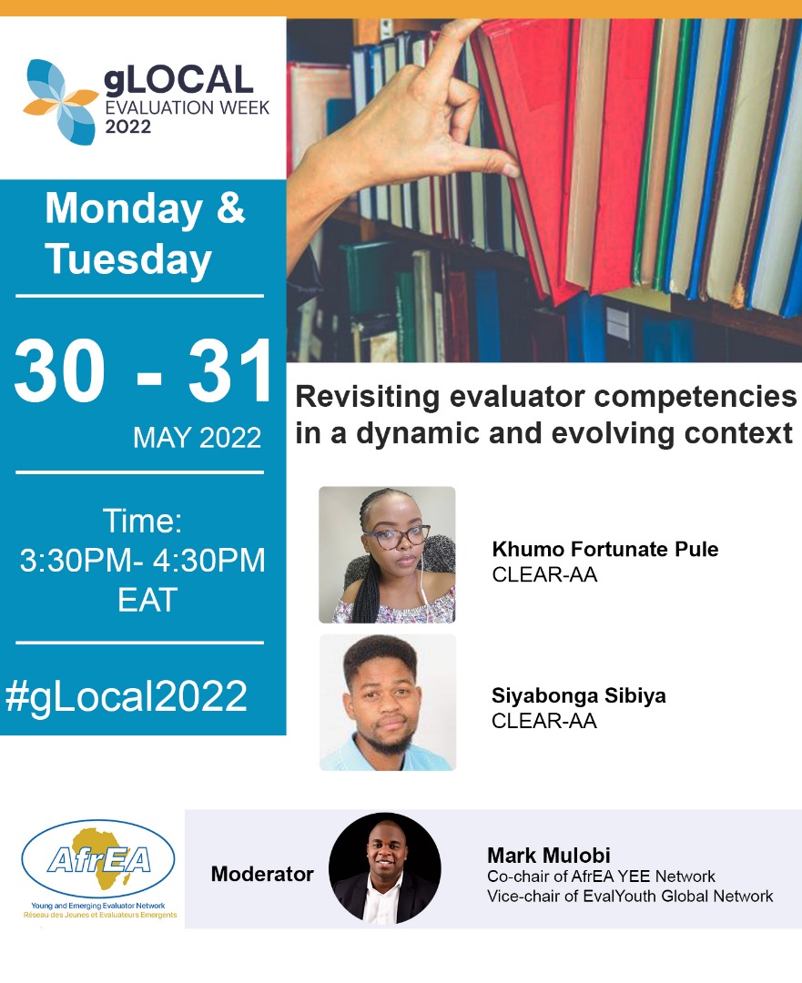 AfrEA YEE Network (@afrea_yee) on Twitter photo 🔊 Join <a href="/AfrEA_YEE/">AfrEA YEE Network</a> & <a href="/CLEARAA1/">Clear Evaluation Anglophone Africa</a> on our 2 sessions on 30th and 31st May
⏰Time: 2PM to 3PM
Session 1:us02web.zoom.us/j/84312850072
Session 2: us02web.zoom.us/j/81545183439
As we revisit evaluator competencies in a dynamic and evolving context.
<a href="/ClearFA_CESAG/">CLEAR Afrique francophone - CESAG</a> <a href="/fgv_clear/">FGV EESP Clear</a>
#Eval4Action 🔊 Join <a href="/AfrEA_YEE/">AfrEA YEE Network</a> & <a href="/CLEARAA1/">Clear Evaluation Anglophone Africa</a> on our 2 sessions on 30th and 31st May
⏰Time: 2PM to 3PM
Session 1:us02web.zoom.us/j/84312850072
Session 2: us02web.zoom.us/j/81545183439
As we revisit evaluator competencies in a dynamic and evolving context.
<a href="/ClearFA_CESAG/">CLEAR Afrique francophone - CESAG</a> <a href="/fgv_clear/">FGV EESP Clear</a>
#Eval4Action