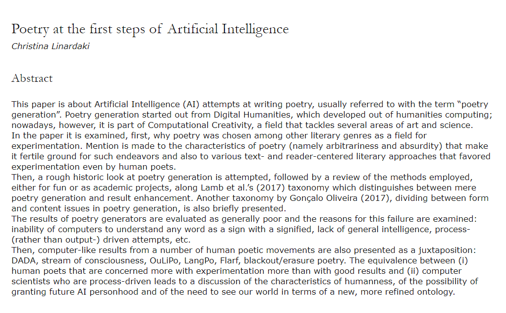 David_Gunkel's tweet photo. "Poetry at the First Steps of Artificial Intelligence" by Christina Linardaki. #AI #remix #creativity #Dada #Oulipo #LangPo (And includes a thoughtful engagement with the #AI and Personhood essay that I co-wrote with @JordanWales ). @markamerika
https://t.co/5AhrrVqL7l https://t.co/oOvP5UBgco