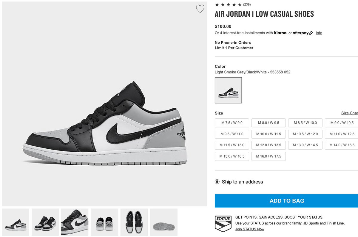 SOLELINKS's tweet photo. Ad: All sizes restocked
Air Jordan 1 Low 'Light Smoke Grey/Black'

Finish Line:https://t.co/w6Rdlh3h20
JD Sports:https://t.co/hyex8ttezp https://t.co/20uP0YNlD2