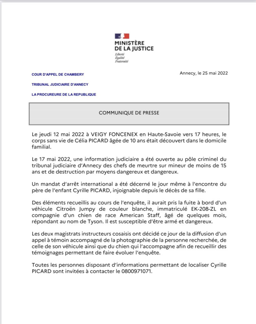 ProcAnnecy's tweet photo. 🔴Appel à témoins dans le cadre de l’instruction ouverte à la suite du meurtre d’une fillette de 10 ans le 12 mai 2022 Veigy-Foncenex
➡️ les juges d’instruction recherchent le père de l’enfant 
⚠️ en cas d’information appeler le 0800 97 10 71. Ne pas chercher à intervenir https://t.co/dsv2g6AljF
