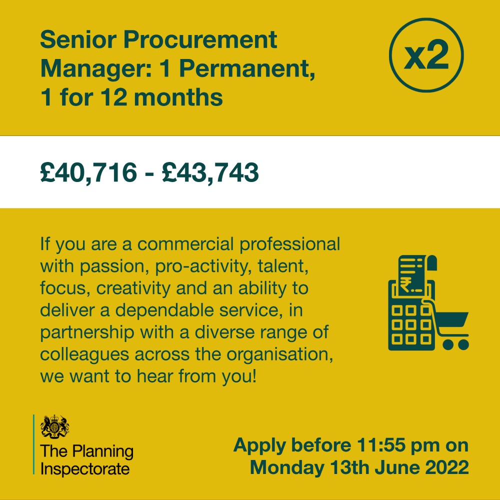 Planning Inspectorate (@pinsgov) on Twitter photo Job opportunity! Senior Procurement Manager x2: 1 Permanent, 1 for 12 months.
We are seeking 2 Senior Procurement Managers to join the Commercial team to help support the commissioning of services and contracts to support the delivery of our priorities.
civilservicejobs.service.gov.uk/csr/index.cgi?… Job opportunity! Senior Procurement Manager x2: 1 Permanent, 1 for 12 months.
We are seeking 2 Senior Procurement Managers to join the Commercial team to help support the commissioning of services and contracts to support the delivery of our priorities.
civilservicejobs.service.gov.uk/csr/index.cgi?…