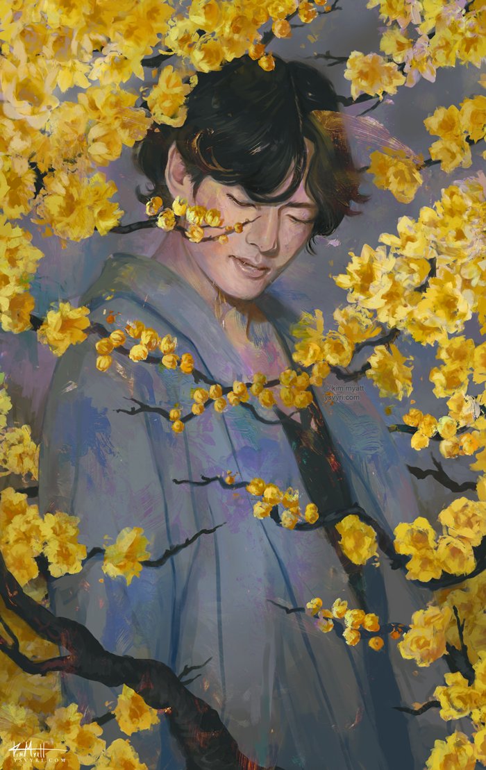 1boy male focus solo closed eyes flower black hair yellow flower  illustration images