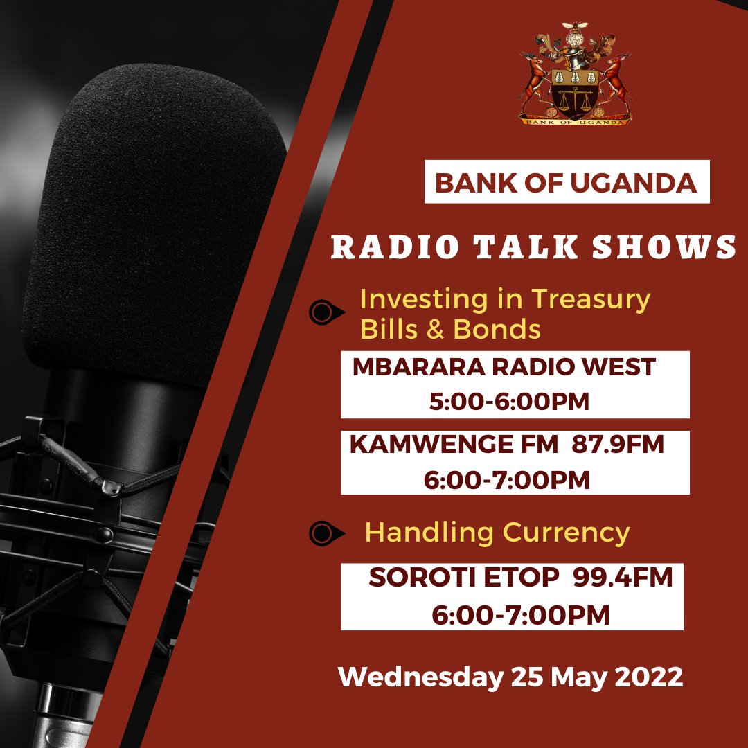 #BOURadioTalkshows in Mbarara, Kamwenge and Soroti.

Topics:
➡️Investing in Treasury Bills and Bonds
➡️Handling Currency

 Tune in.  #UgandaTBills #UgandaTBonds