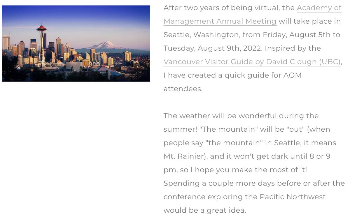 Eunice Rhee (@eunice_rhee) on Twitter photo For those of you visiting Seattle for <a href="/AOMConnect/">Academy of Management</a> this summer, I've created a short guide inspired by <a href="/David_Clough1/">David Clough</a>. If this is your first time visiting Seattle and/or if you only have a few hours between sessions and meetings, please check it out!👉eunice-rhee.com/seattle-visito… For those of you visiting Seattle for <a href="/AOMConnect/">Academy of Management</a> this summer, I've created a short guide inspired by <a href="/David_Clough1/">David Clough</a>. If this is your first time visiting Seattle and/or if you only have a few hours between sessions and meetings, please check it out!👉eunice-rhee.com/seattle-visito…