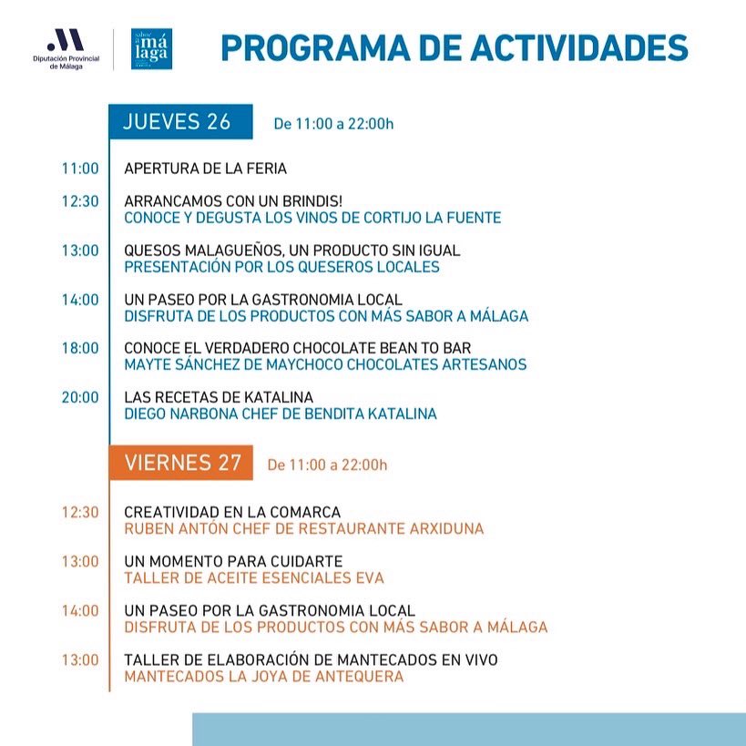 SaboraMalaga's tweet image. ¡Ya tenemos disponible el programa del Mercado #SaboraMálaga de #Antequera!

Se celebrará en el Paseo Real, entre el 26 y el 29 de mayo y contará con más de una veintena (22) de productores adheridos a la marca.