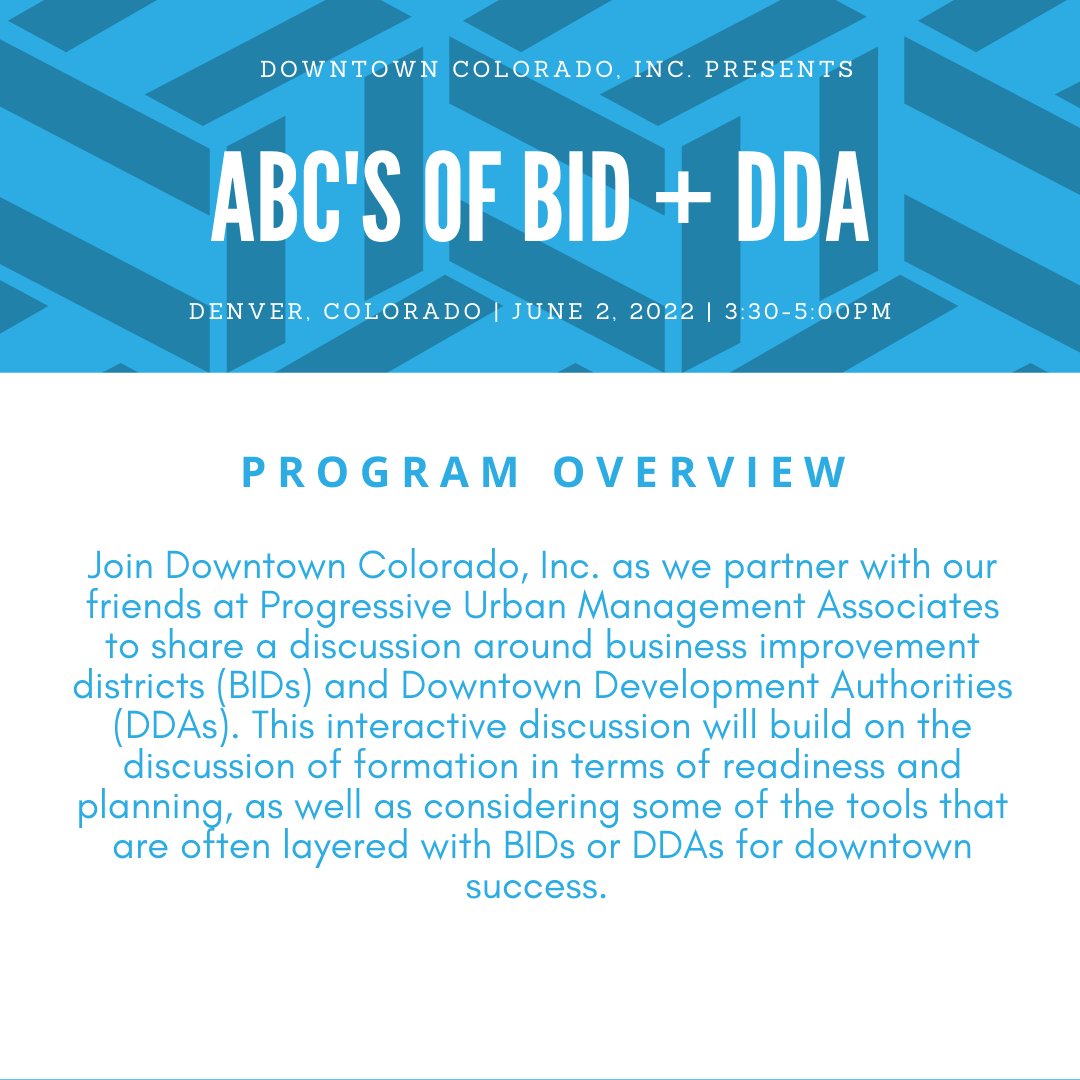 Spring has sprung and we can't wait to you see you all on Thursday June 2nd for back-to-back spring events here at DCI! First up DCI is partnering with @PUMAWORLDHQ to bring you the ABCs of BID + DDA! Register Here: downtowncolorado.app.neoncrm.com/np/clients/dow…