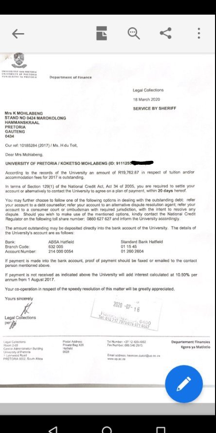 KingKayStatus's tweet image. Hi
My name is K Mohlabeng I'm hoping you could help me.
I owe UP R19,762,82 for Tuition fees and I cannot complete my degree without paying this amount first. I would be forever grateful if could help me. Please see the attached letter from the Sheriff in relation to this debt.