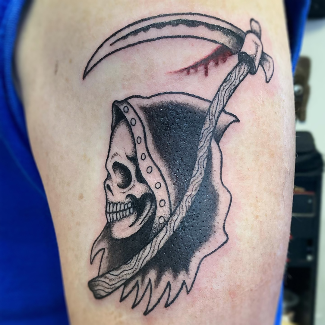 Grim reaper tattooed by Daniel at the Brighton location!

#tattoo #tattoos #inkwell #inkwelltattoo #ink #bodymod #bodymodification #art #grimreapertattoo #inkwelltattoos #blackandgraytattoo #reapertattoo #armtattoo #skulltattoo #deathtattoo
