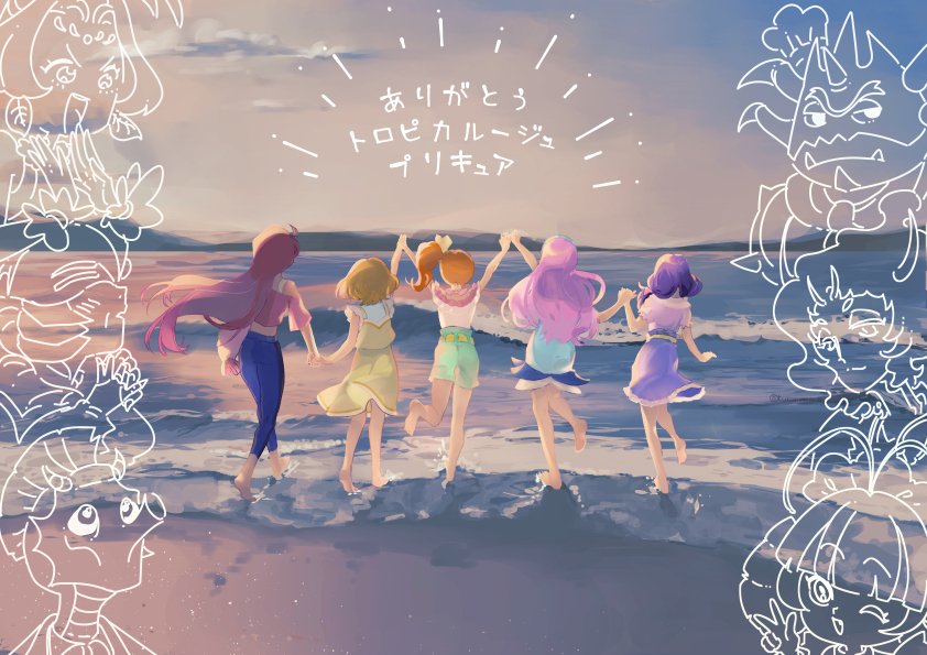 multiple girls pink hair long hair barefoot shirt ocean beach  illustration images