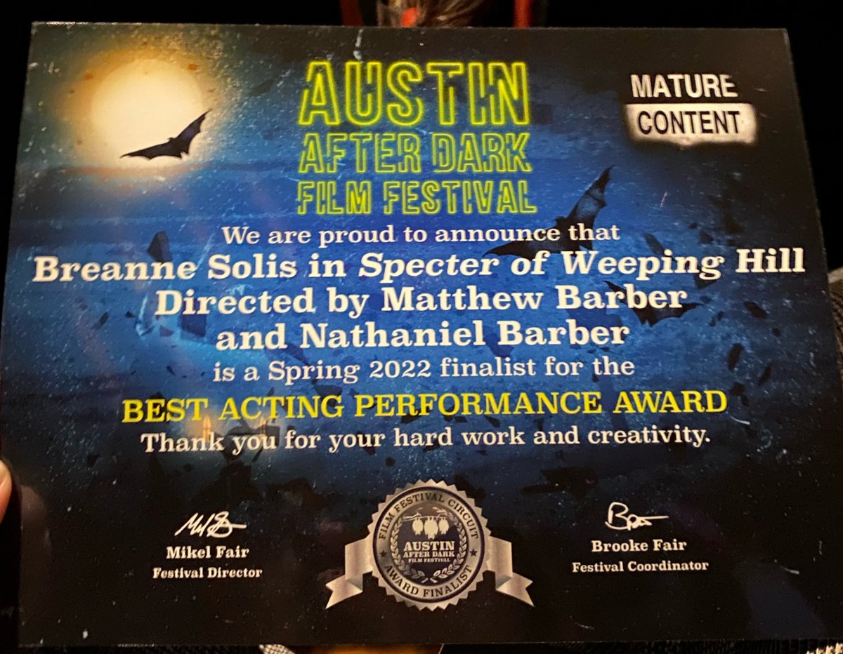 NathanielBarbe4's tweet photo. Huge congrats to @soulessbreato and @MBarberFilm for their incredible work on @SpecterMovie! 🦇 👻
#AustinAfterDark #filmfestival #horror #shortfilm #Awards #bestactor #bestcinematography #austin https://t.co/moB4DMJYzI
