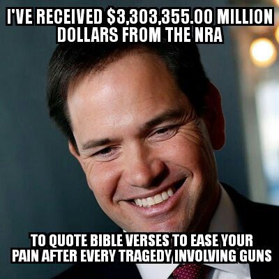 RogueCitizenOne's tweet photo. Shame on Marco Rubio
Sen Rubio has received $3,303,355 from the NRA and in return, he votes AGAINST all gun reform.
Let's #RetireRubio and let him know we will no longer tolerate the sacrifice of our children in exchange for NRA donations.
#DemVoice1 #ResistanceUnited #wtpBLUE https://t.co/YQhoeTa5RQ