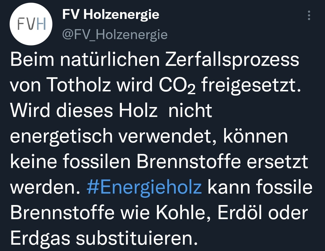 Deswegen. Verbrennt alles im Wald liegt! Andernfalls zerstört ihr die Umwelt!

Eure #Energielobby