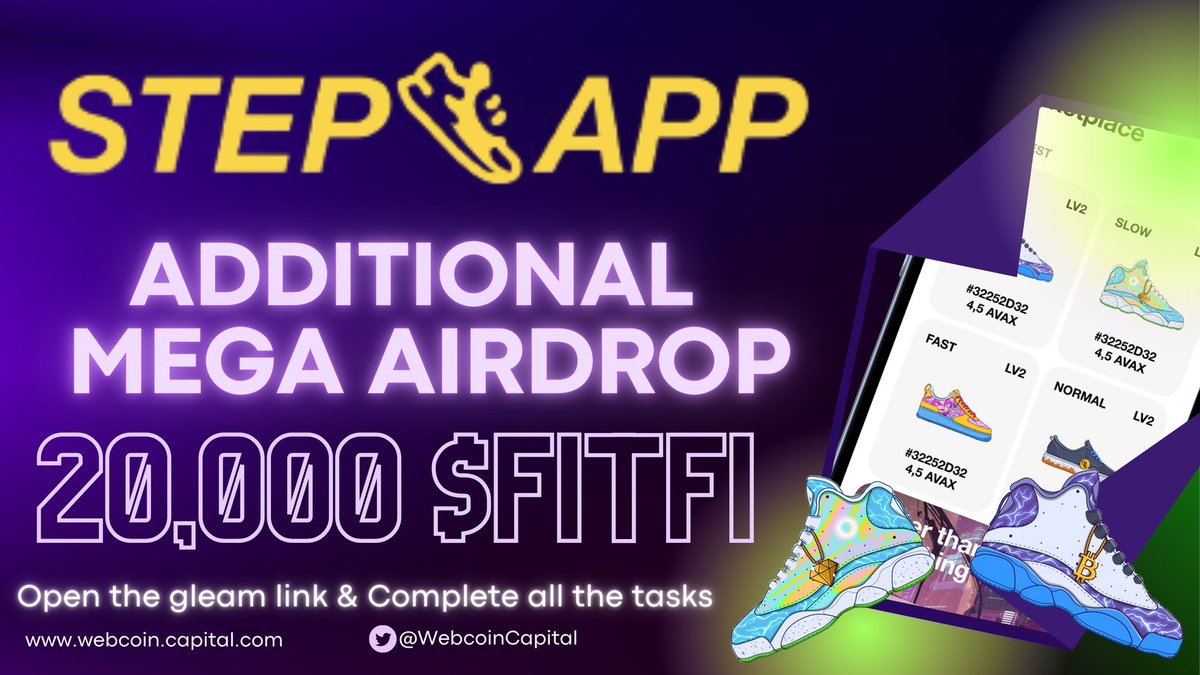 STEP APP MEGA AIRDROP

<a href="/StepApp_/">Step App | The Future of Fitness</a> Beta App Preview is out now , Can't wait for $KCAL launch either ? 👀

We decided to run an additional #Airdrop of 20,000 $FITFI  to celebrate lootbox claiming event 🔥

 👉Participate here
gleam.io/fSOow/webcoin-…

#MoveToEarn $FITFI #Airdrops