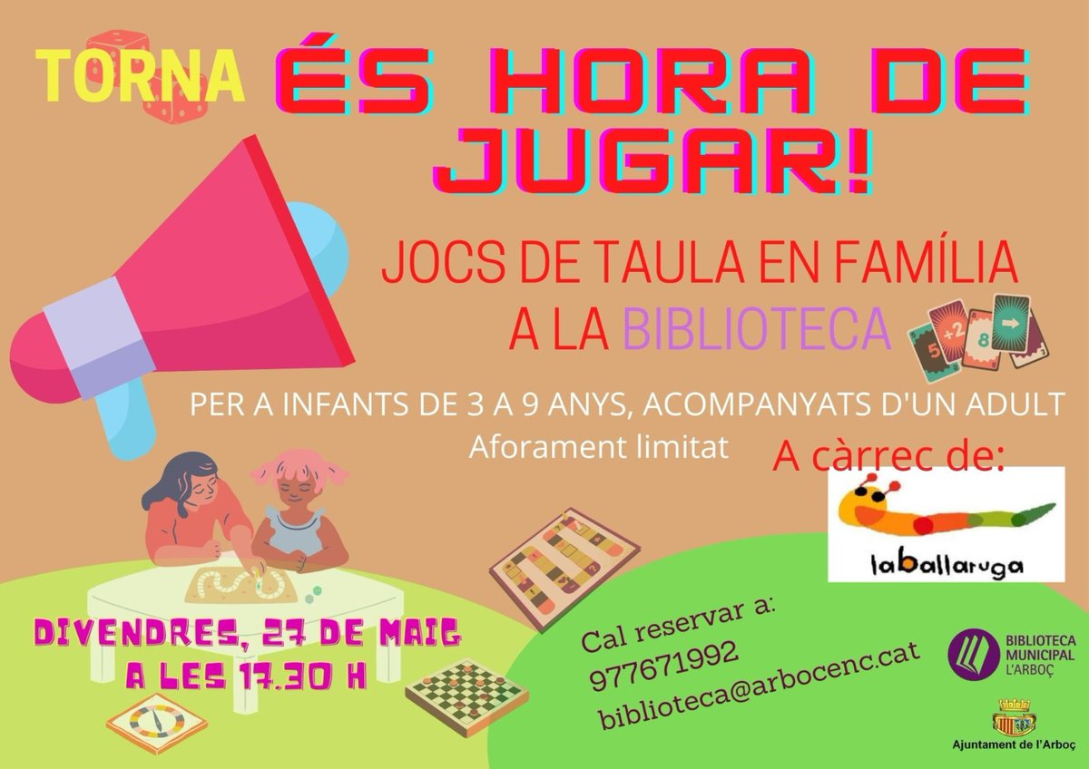 Us recordem que aquest divendres, 27 de maig, tornem a tenir "Jocs de taula en família" a la biblioteca, per a infants de 3 a 9 anys. Serà a les 17.30h. Podeu reservar al telèfon 977671992 o al correu electrònic biblioteca@arbocenc.cat.

Us esperem!
#lleure #jocs #jocsdetaula