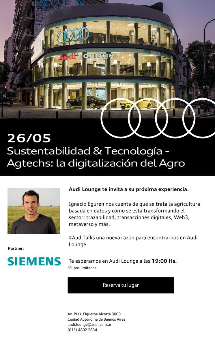 ignacio_eguren's tweet photo. Mañana voy a estar en el #AudiLounge hablando sobre #agricultura basada en #datos y la #transformación #digital que está sucediendo en el #agro: trazabilidad, transacciones digitales, Web3, metaverso y más. 😁
Gracias @AudiArg y @Siemens_ARG por la invitación! #AudiTalks https://t.co/4fIz7vcBHO