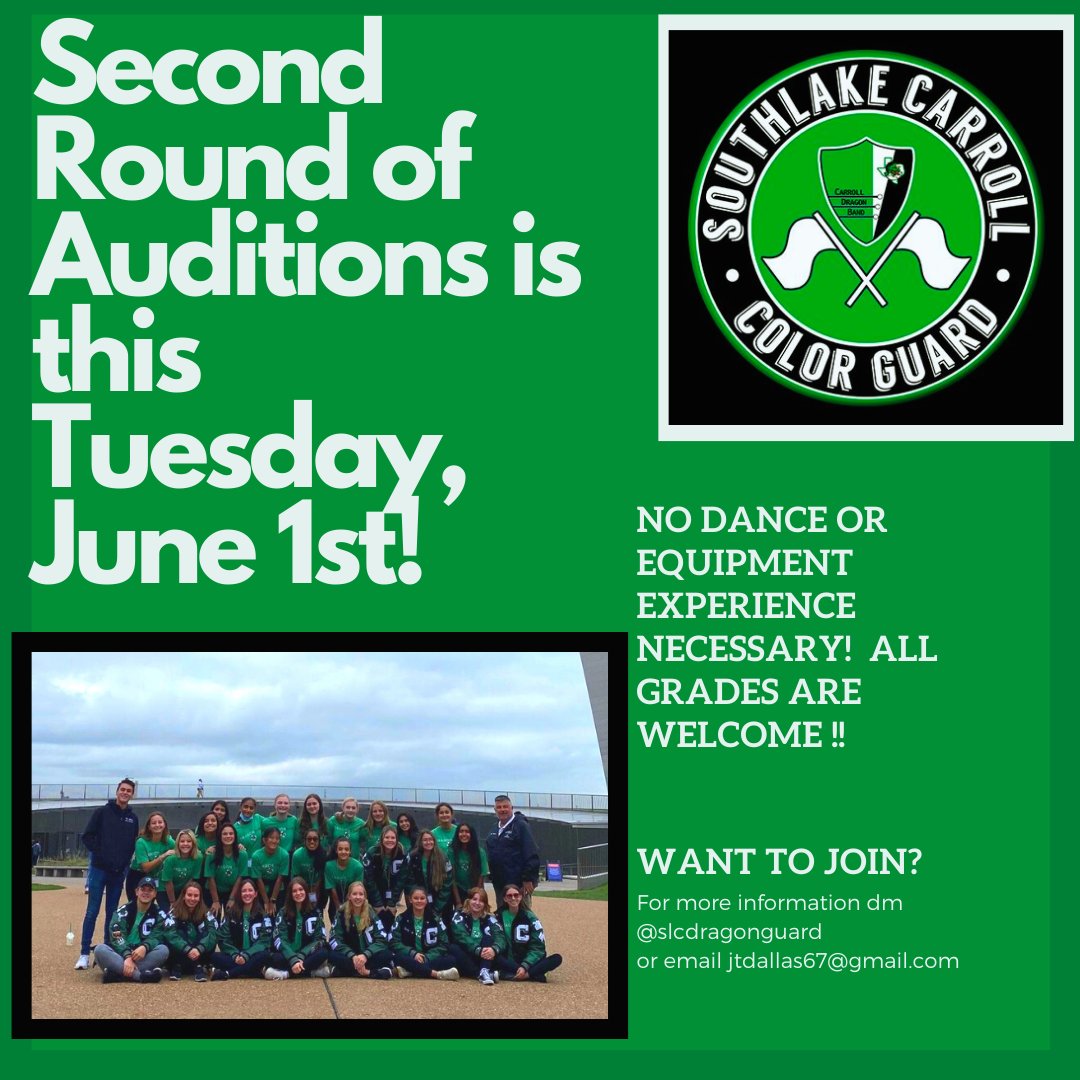 SLC_Guard's tweet photo. Want to join the Southlake Carroll 2022 - 2023 Colorguard Team? Now is your opportunity! The second round of auditions is this Tuesday - May 31st! All rising high school students welcome! No dance or equipment experience necessary! For more information email jtdallas67@gmail.com! https://t.co/B7xy62JZyB