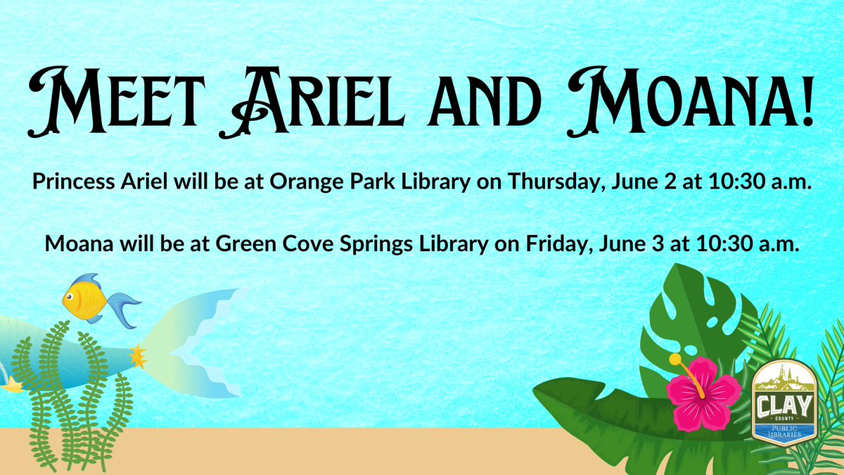 ClayLibrary's tweet image. Mark your calendars special guests are visiting some of the storytimes next week!
Princess Ariel will be at Orange Park Library on Thursday, June 2 at 10:30 a.m.
Moana will be at Green Cove Springs Library on Friday, June 3 at 10:30 a.m.
 #ClayCoLibrary