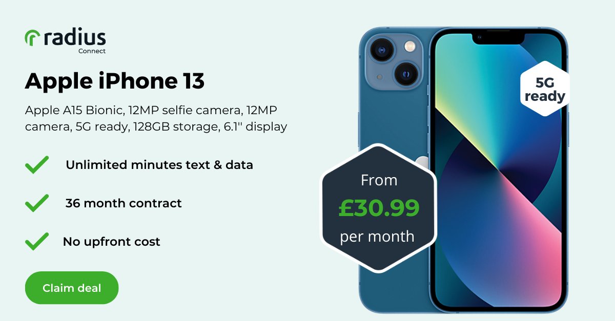 RadiusConnectIR's tweet photo. Stay connected with a phone that works as fast as you 📱

Get the Apple iPhone 13 for only £30.99 a month!

Claim this deal here 👉https://t.co/NJFiAFeIYz

#connected #iPhone13 #superspeed #5G https://t.co/AnoDCglqAM