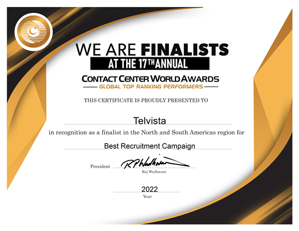 TelvistaUS's tweet photo. We are finalists in the most prestigious awards in the contact center world. 

We thank our team and clients for their continued partnership! #contactcenterworld @ContactCenterWorld https://t.co/4Qob5A0njM