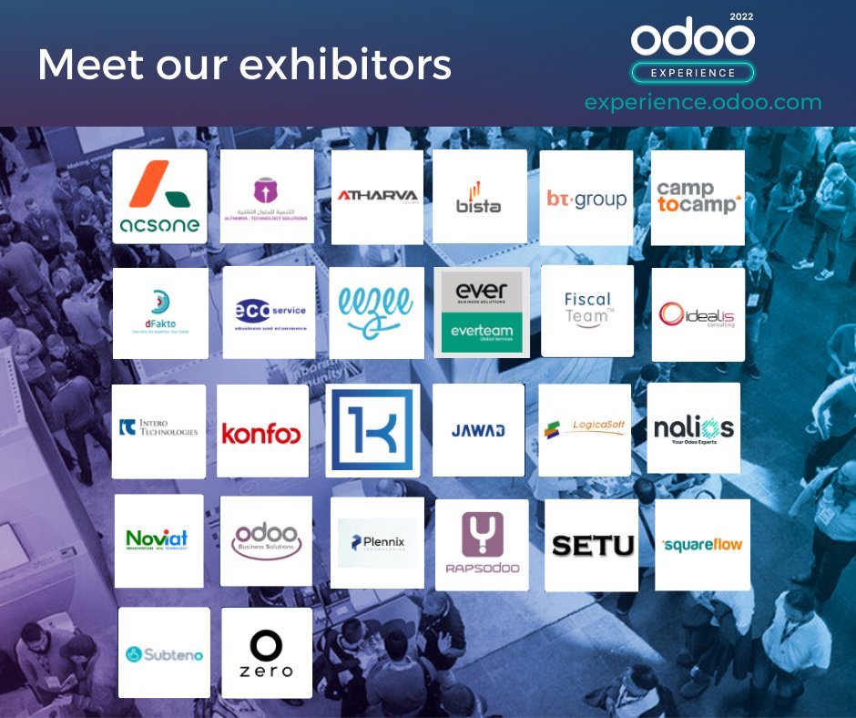 Meet our exhibitors for #OdooExperience! Want to know more about their services and developments? Visit our website: odoo.com/r/UPx