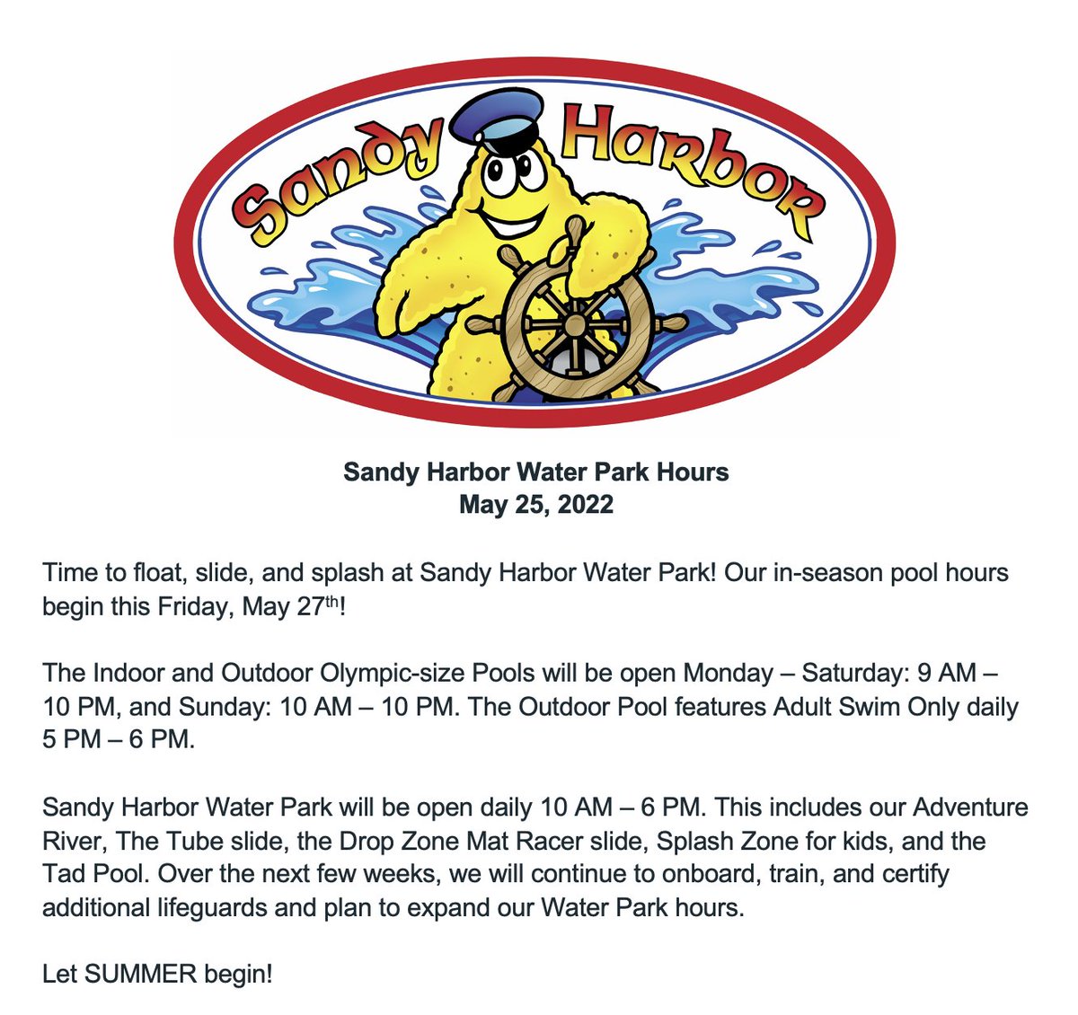 OceanLakes's tweet photo. Please read below for the Indoor/Outdoor Pools and Sandy Harbor Water Park hours: 

#OceanLakes #MyrtleBeach #KickOffToSummer #MemorialDayWeekend #FamilyVacation #CampingDestination https://t.co/sg1F3Hgguz