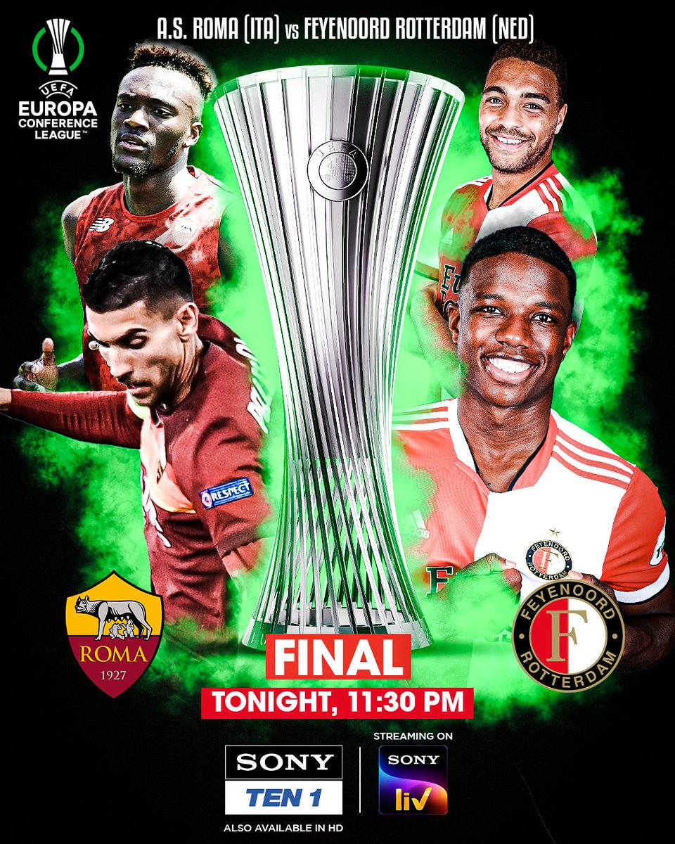 SonySportsNetwk's tweet photo. A firecracker of a #UECL Final is on the plate as the Special one's @OfficialASRoma take on the fierce @Feyenoord ๐ฅ๐คฉ
Tonight tune in to #SonyTen1 at 11:30 PM and witness football at its best๐
#UECLFinal #SonySportsNetwork #SirfSonyPeDikhega https://t.co/TvaaL89dzY