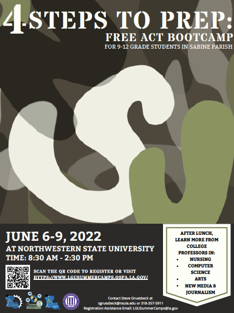 LAGEARUP's tweet photo. ACT Boot Camp is a 4-day in-person camp that will be held on NSU'S campus. Workshops and lessons will prepare students for ACT Subject Areas. Each day after lunch, you will work with one of four Academic Majors: Nursing; Computer Science; Arts; New Media &amp; Journalism. https://t.co/eRVXKkdM5V