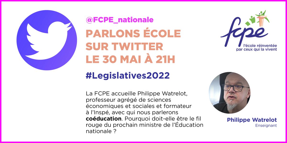 FCPE_nationale's tweet photo. #legislatives2022 "Parlons école" 🎙 3e épisode ! La FCPE vous donne rendez-vous lundi 30 mai à 21h en #Twitterspaces. @phwatrelot sera notre invité pour discuter coéducation pendant une heure. 
@carladugault @Nageate https://t.co/E3kTalCz0s