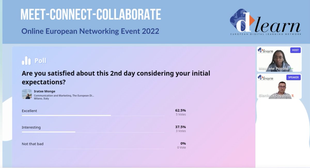 dlearneu's tweet photo. Thank you all for attending the 2nd day of our #networkingevent MEET-CONNECT-COLLABORATE and to @Will_atWork from the @EU_Commission for his amazing lecture on #microcrendentials!
We see you tomorrow to learn more about our activities to boost digital education in EU! https://t.co/yJHIYyGoWI