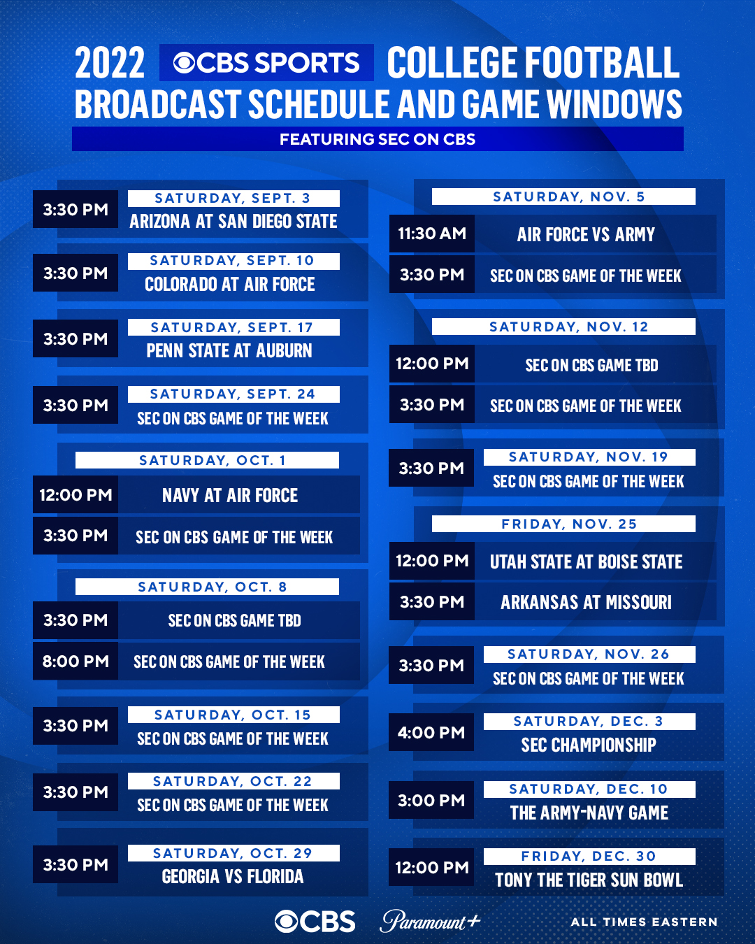 CBS Sports PR on X: CBS Sports Announces 2022 College Football Broadcast  Schedule, Highlighted by @SEConCBS Full Release:    / X