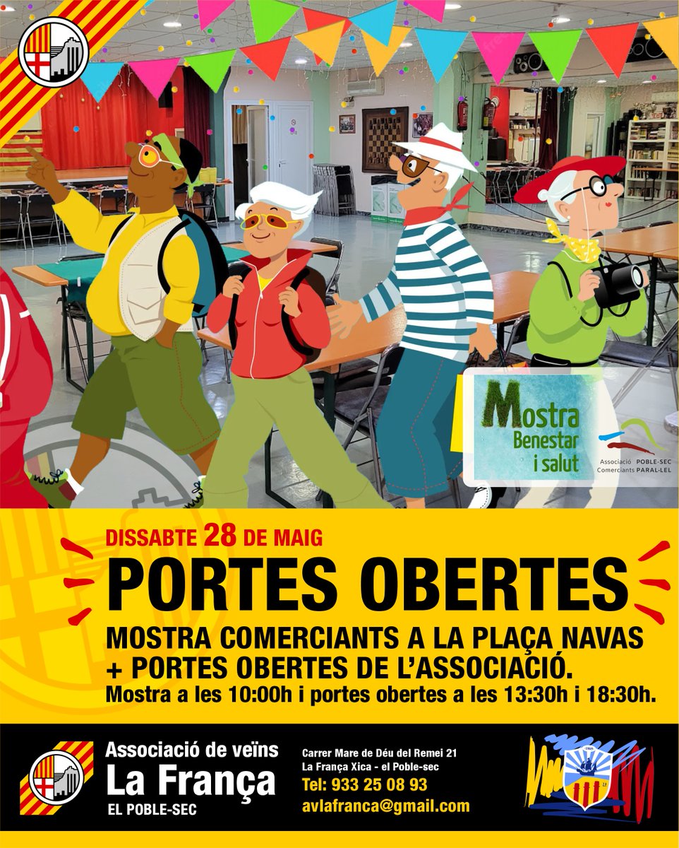 Aquest dissabte estarem a la Mostra de Comerciants de la Plaça Navas i aprofitarem per fer dues sessions de portes obertes de l'Associació a les 13:30h i a les 18:30h. 💛✊➕ #avlafrança #poblesec
