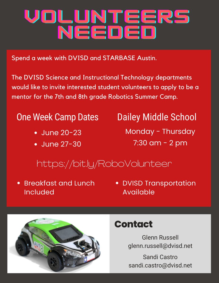 DVISD_EdTech's tweet image. Attention @DVISD_DVHS students! We are looking for volunteers for our Middle School #Robotics camp. No experience necessary. Come learn about programming for automation! @STARBASEAustin @DVISD_OC @DVISD_Science