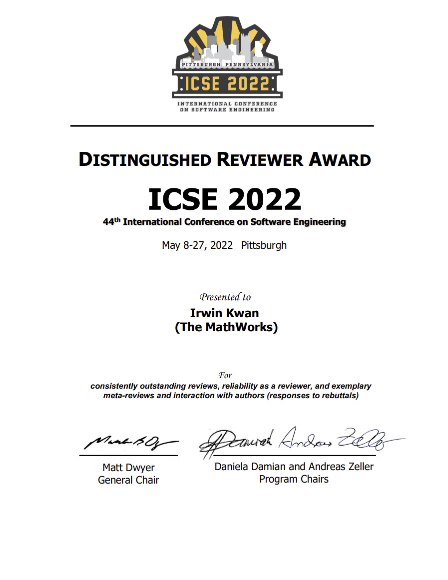 irwinkwan's tweet photo. ICSE 2022 Distinguished Reviewer Award. Thanks @AndreasZeller @DanaHDamian for providing me the opportunity! https://t.co/ojDn4PGrk0
